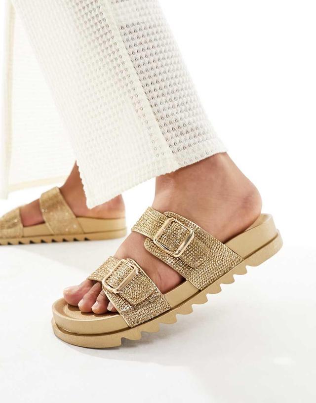 Glamorous rhinestone double strap slides in gold Product Image