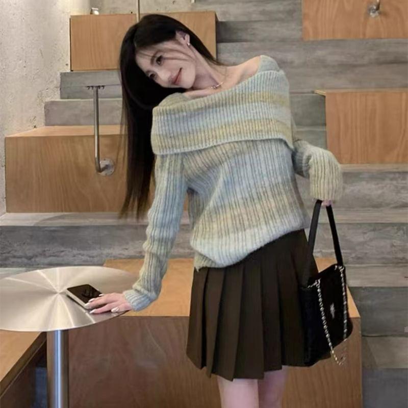 Long-Sleeve Boat Neck Striped Ribbed Knit Top Product Image