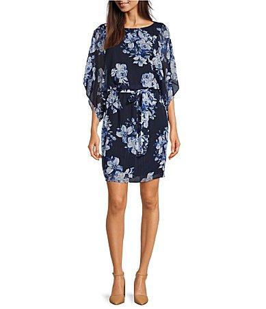 Jessica Howard Petite Size Floral Print 34 Sleeve Boat Neck Chiffon Blouson Dress Product Image