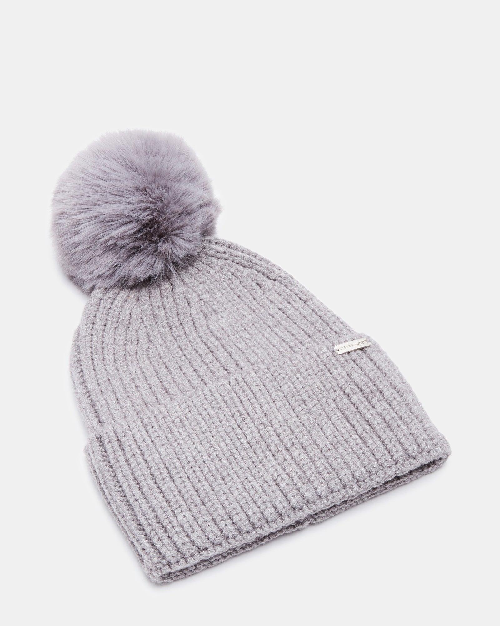 WIDE CUFF FAUX FUR POM BEANIE GREY Female Product Image