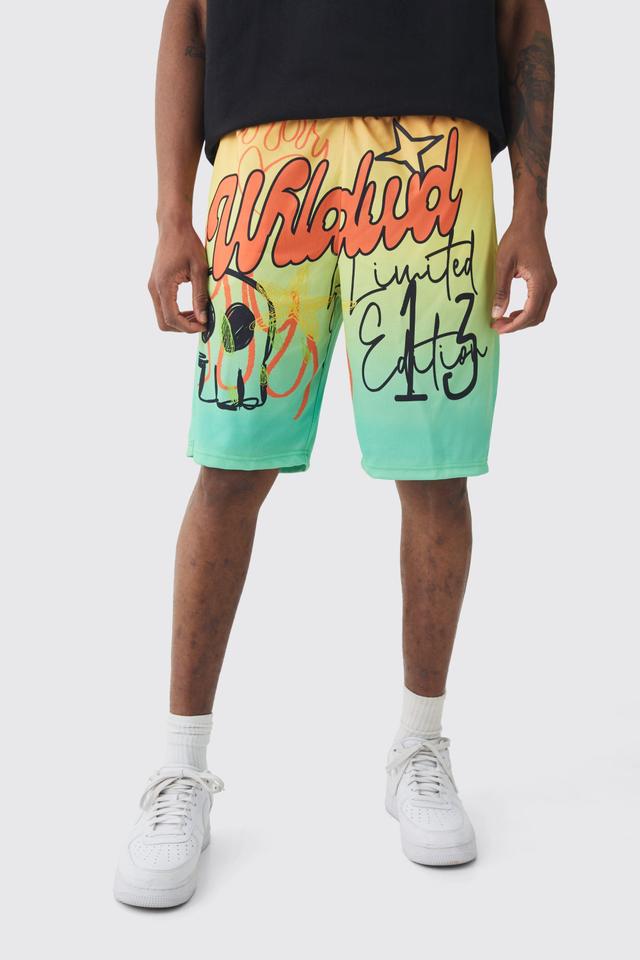 Tall Worldwide Graffiti Mid Length Mesh Basketball Shorts | boohooMAN USA Product Image