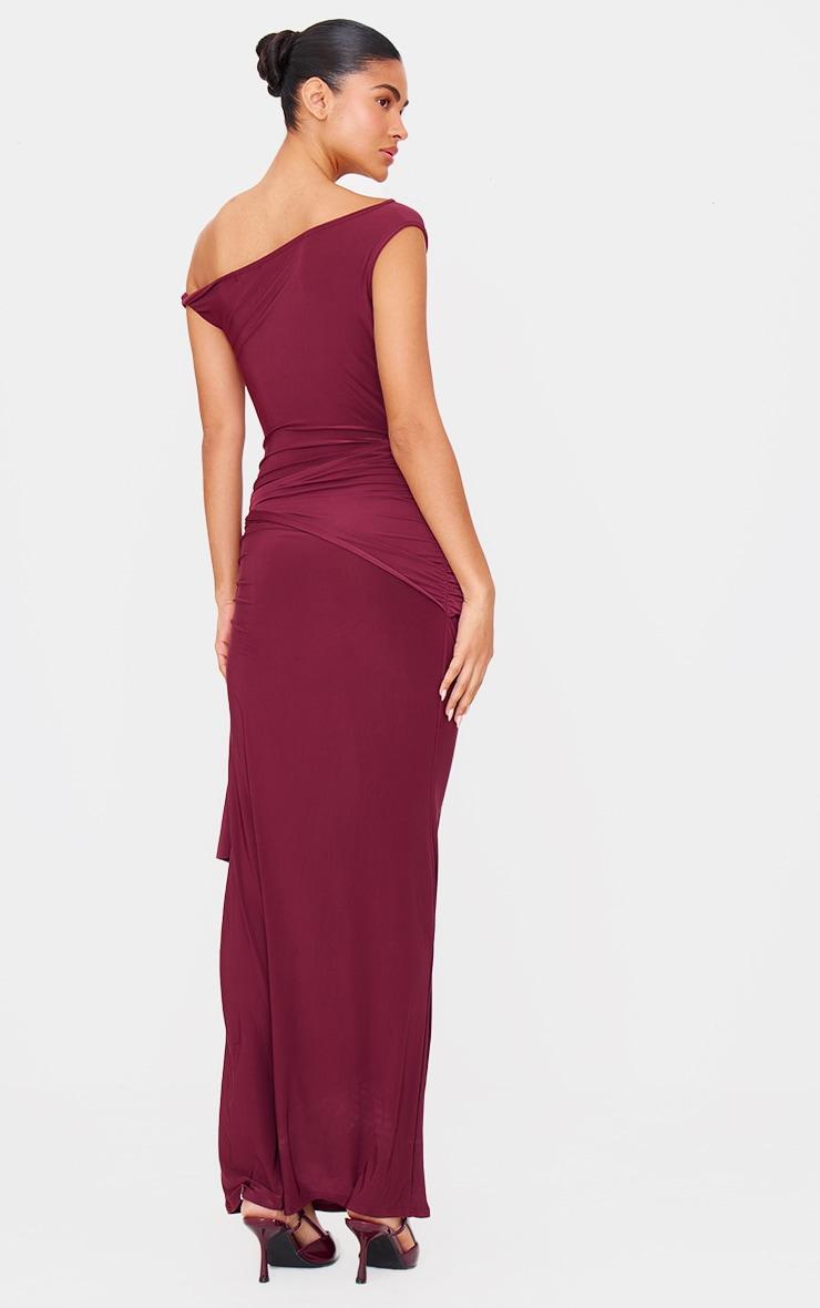 Burgundy Slinky Off Shoulder Wrap Detail Maxi Dress Product Image