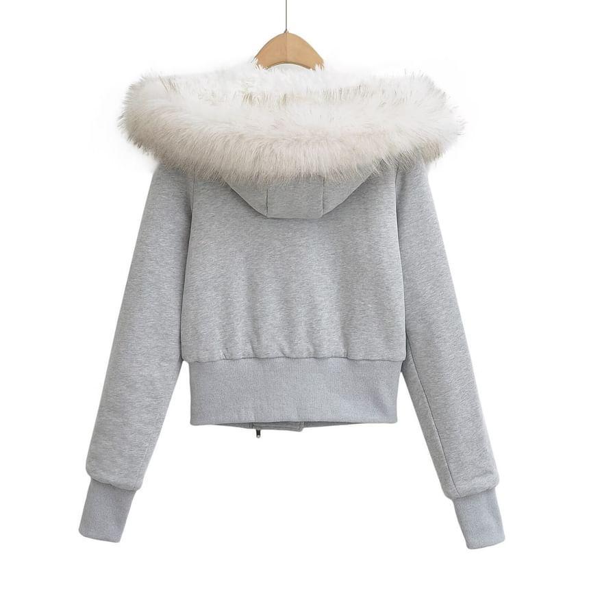 Long Sleeve Plain Fleeced Furry-Trim Hooded Zip-Up Jacket Product Image