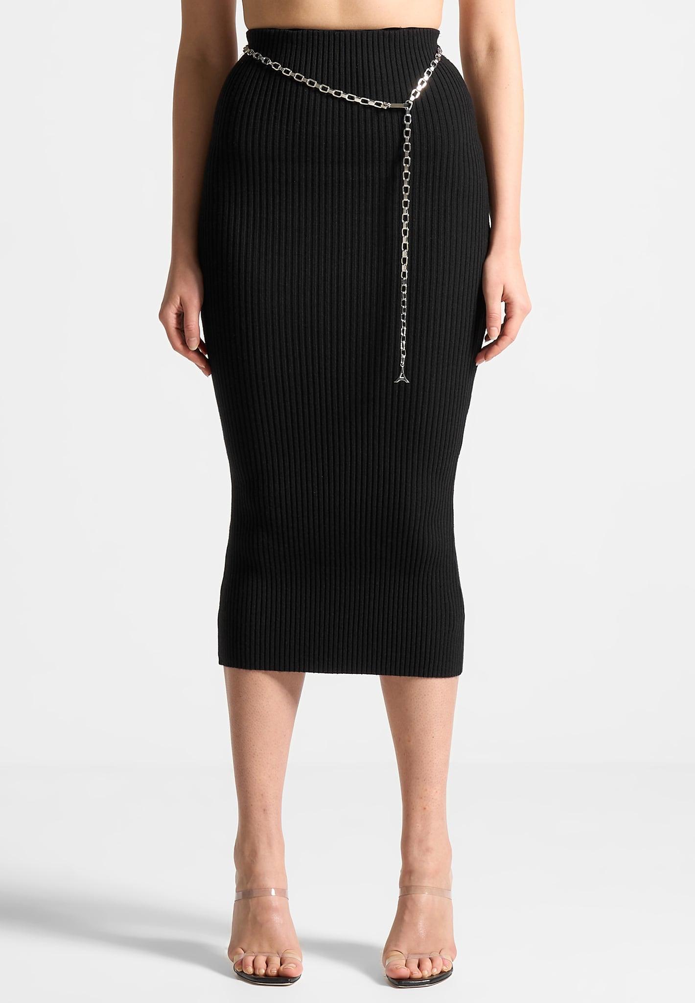 Ribbed Knit Midaxi Skirt with Chain Belt - Black Female Product Image