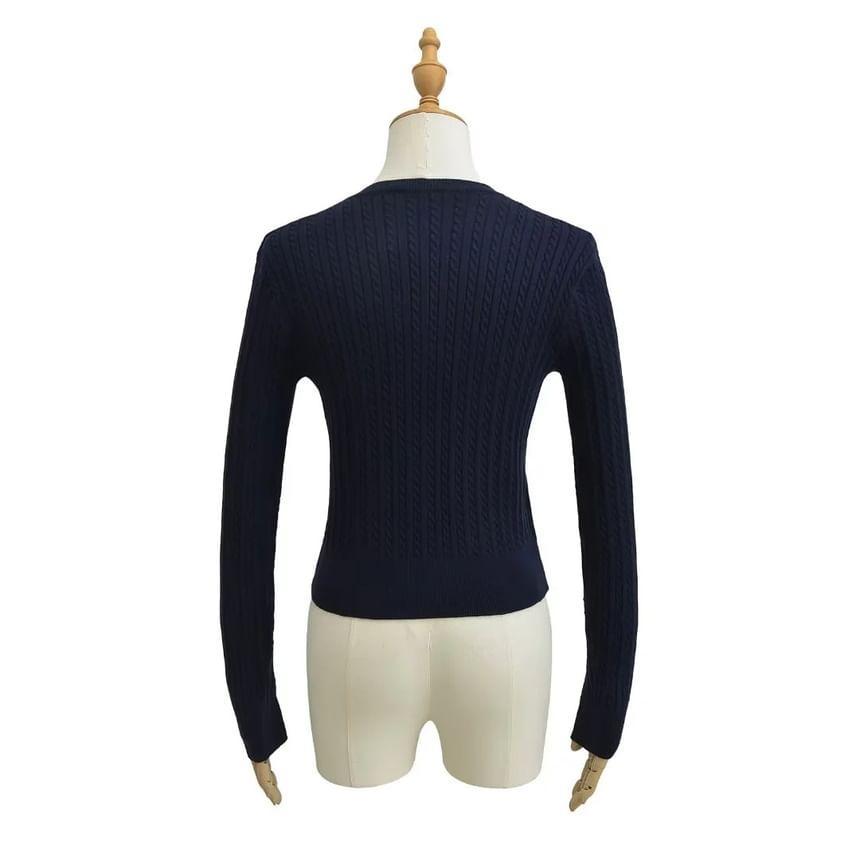 Round Neck Plain Cable Knit Cardigan Product Image