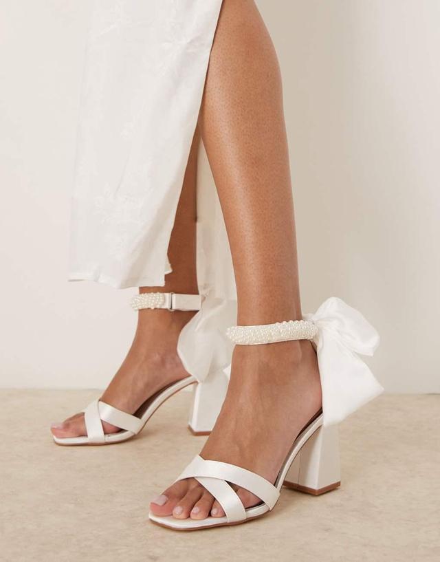 Be Mine Bridal Carmen block heeled sandals with embellished ribbon tie in ivory satin Product Image