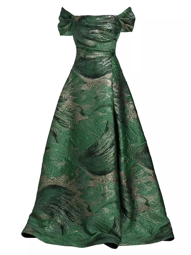 Leaf Metallic Jacquard Off-the-Shoulder Gown Product Image