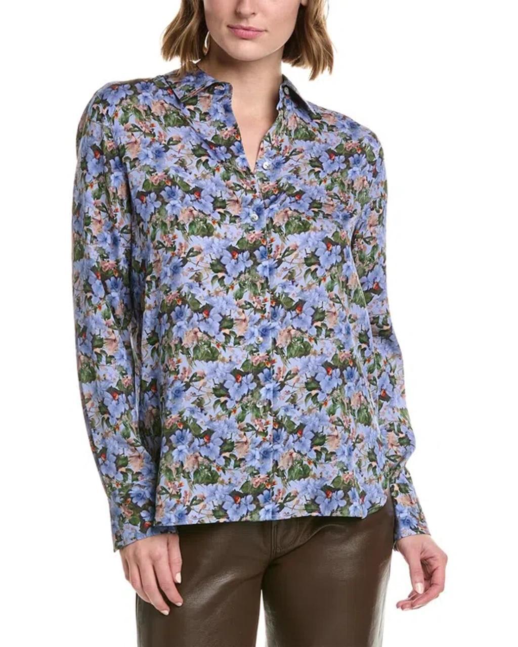 Wild Primrose Slim Fitted Silk-blend Blouse In Blue Product Image