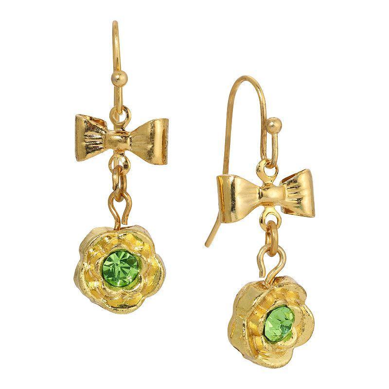 1928 Gold Tone Green Crystal Flower & Bow Drop Earrings, Womens Product Image