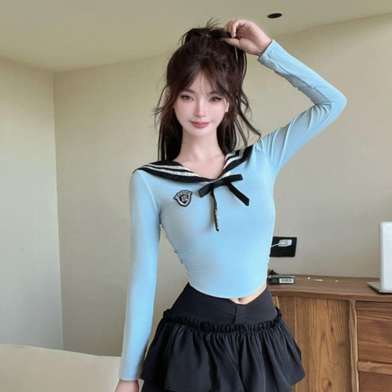 Long-Sleeve Sailor Collar Applique Striped Trim Crop Tee / Mid Waist Plain Frill Trim Layered Mini A-Line Skirt / Bow / Set Product Image