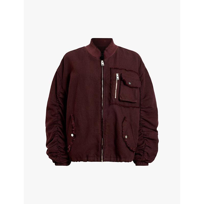 Rue Linen Blend Denim Bomber Jacket In Dark Wine Red Product Image