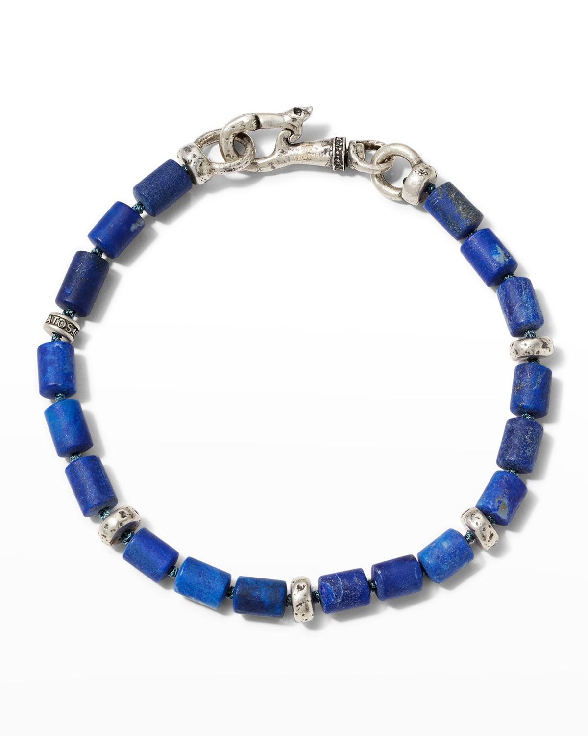 Mens Sterling Silver & Lapis Beaded Bracelet Product Image