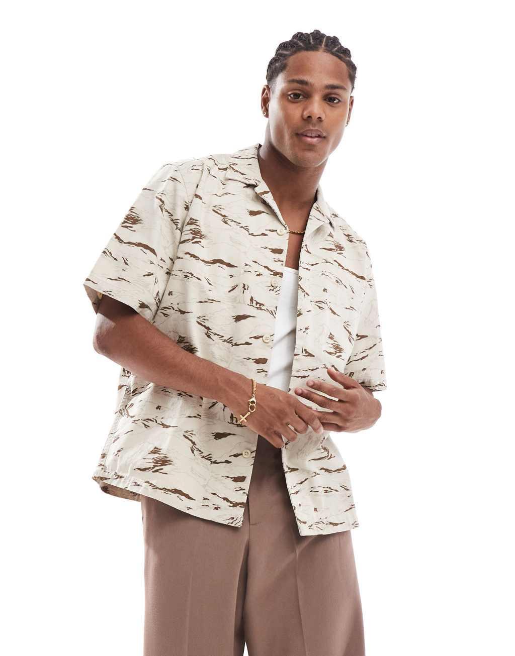 ONLY & SONS revere collar twill shirt with tiger camo print in beige Product Image