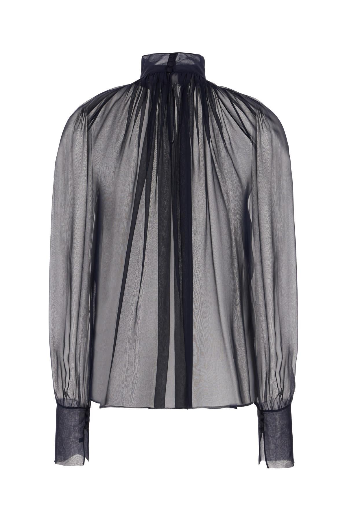 SAINT LAURENT Sheer Ruched Hig-neck Blouse In Midnight Blue Product Image