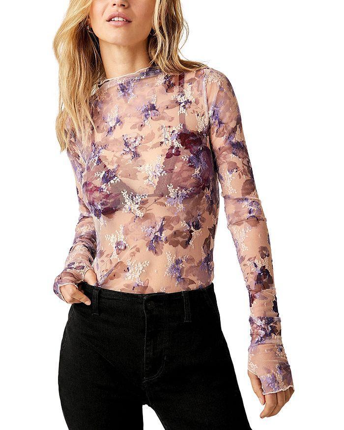 Printed Lady Sheer Embroidered Long Sleeve Top In Fallen Rose Product Image