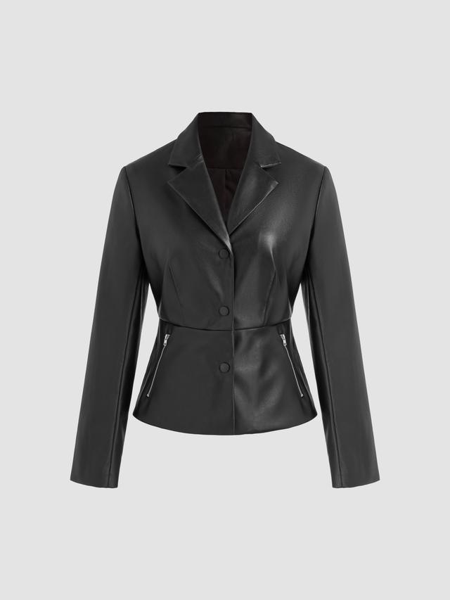 Faux Leather Collar Solid Zipper Pocket Jacket Product Image