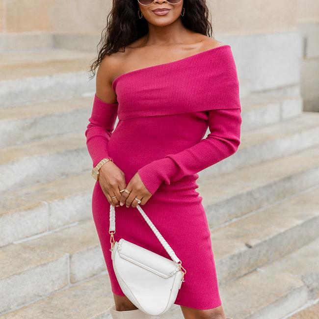 Heading Uptown Magenta Asymmetrical Mini Sweater Dress FINAL SALE Product Image