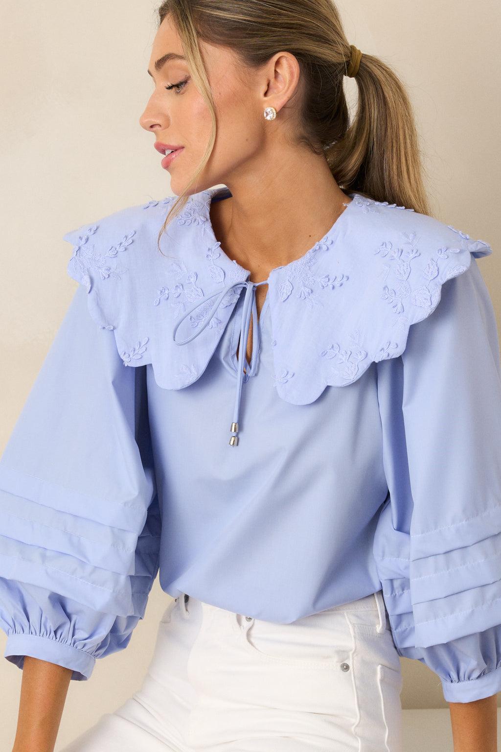 Walk With Me Sky Blue Floral Embroidered Blouse Product Image