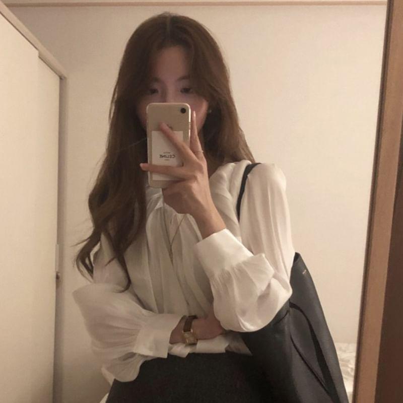 Long-Sleeve U-Neck Button-Up Plain Blouse Product Image