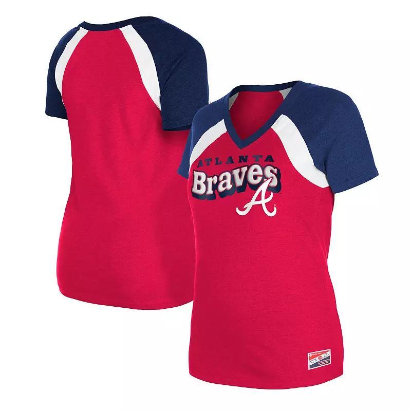 New Era Womens Red Atlanta Braves Heathered Raglan V-Neck T-Shirt Product Image