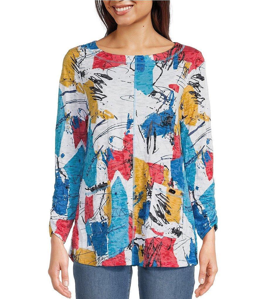 Ali Miles Petite Size Abstract Print Knit Round Neck 3/4 Sleeve Tunic Product Image