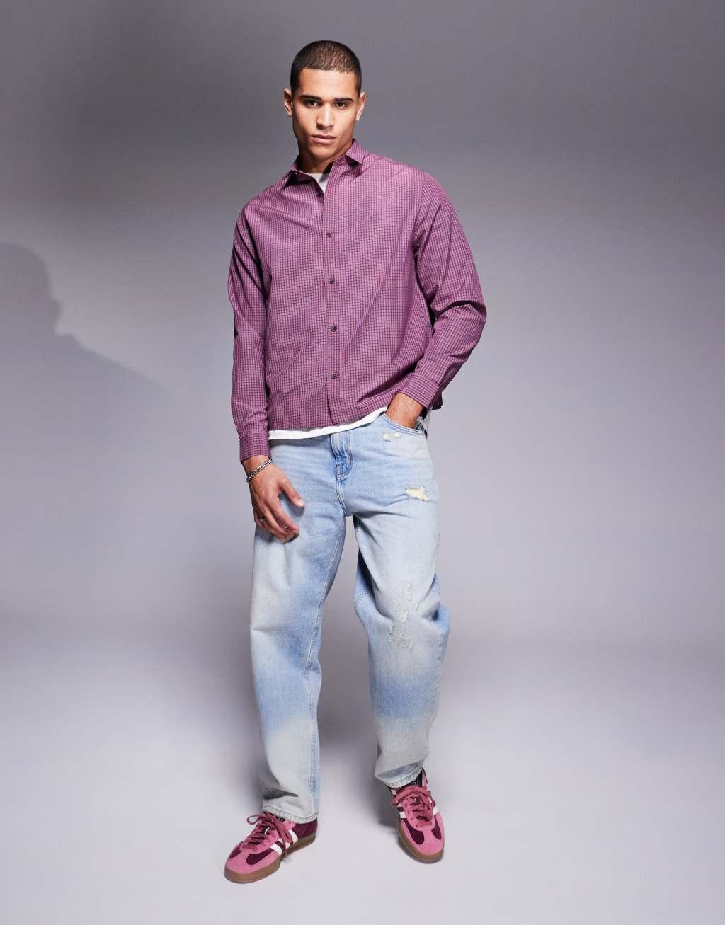 ASOS DESIGN boxy relaxed check shirt in burgundy Product Image