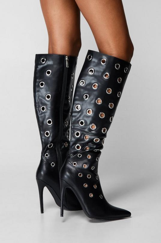 Faux Leather Eyelet Knee High Boots Product Image