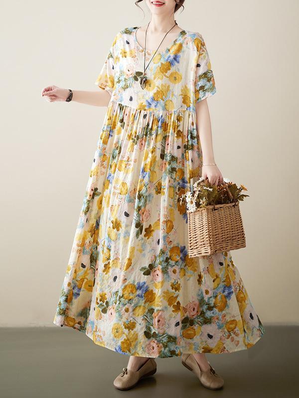 A-Line Loose Floral Printed Round-Neck Midi Dresses Product Image