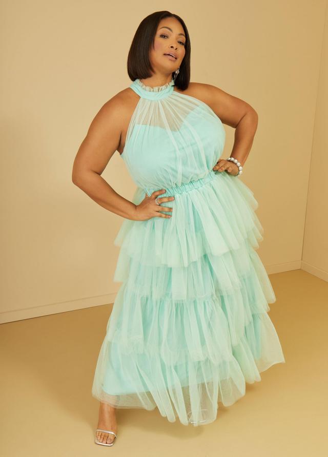 Plus Size Cutout Tiered Tulle Gown Ashley Stewart Product Image