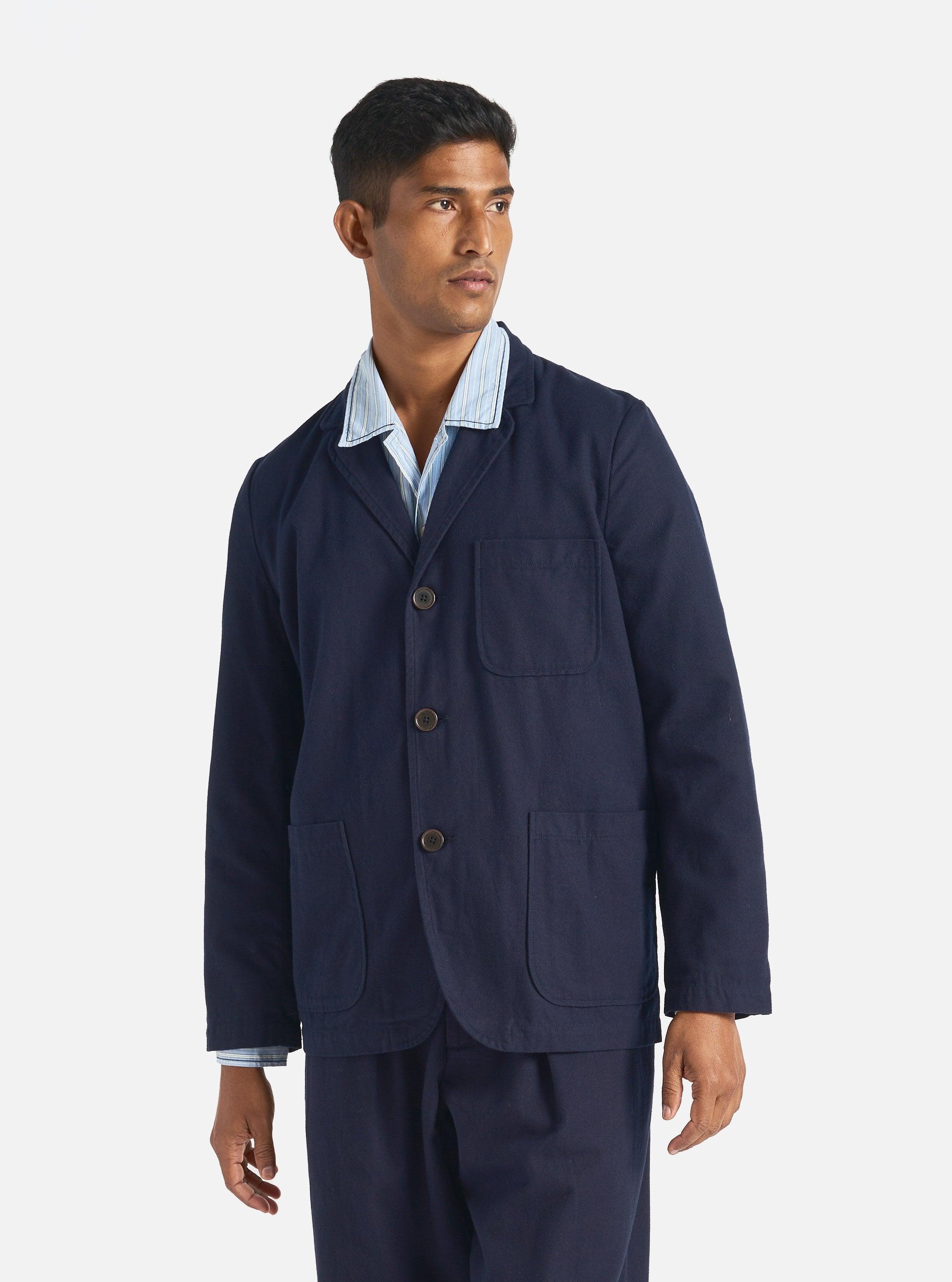 Universal Works Three Button Jacket in Navy Brushed Moleskin Product Image