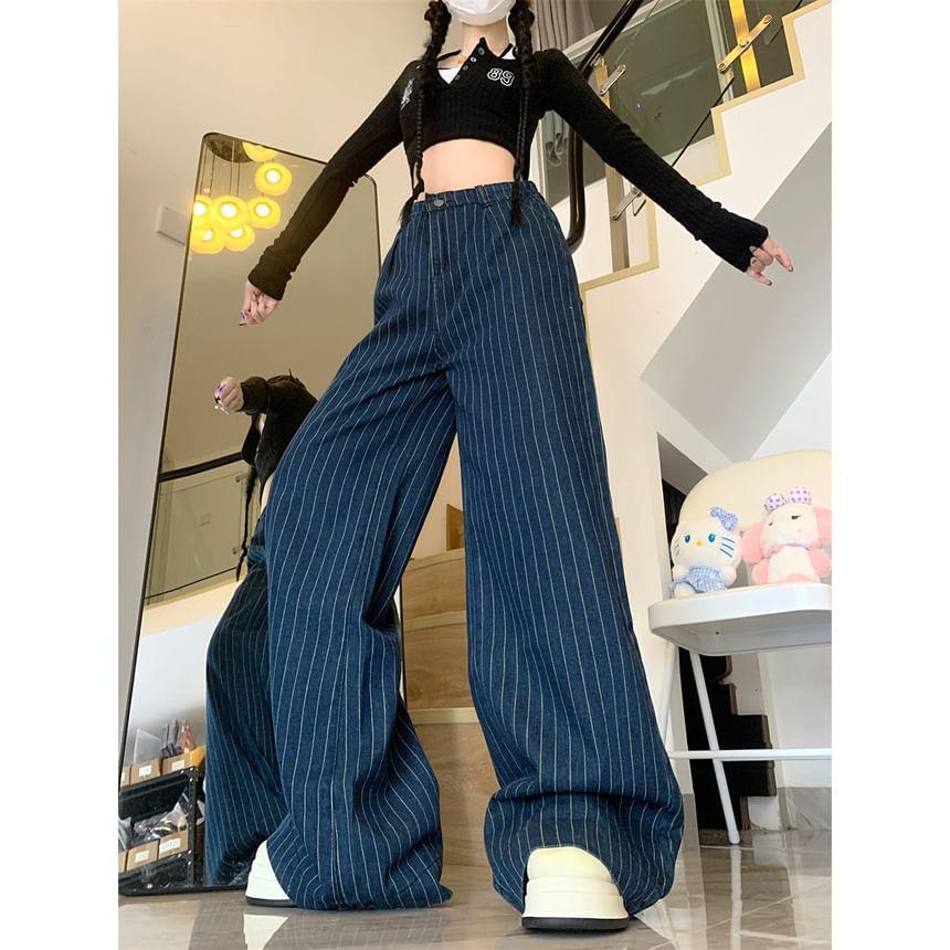 High Waist Striped Loose-Fit Wide-Leg Jeans Product Image