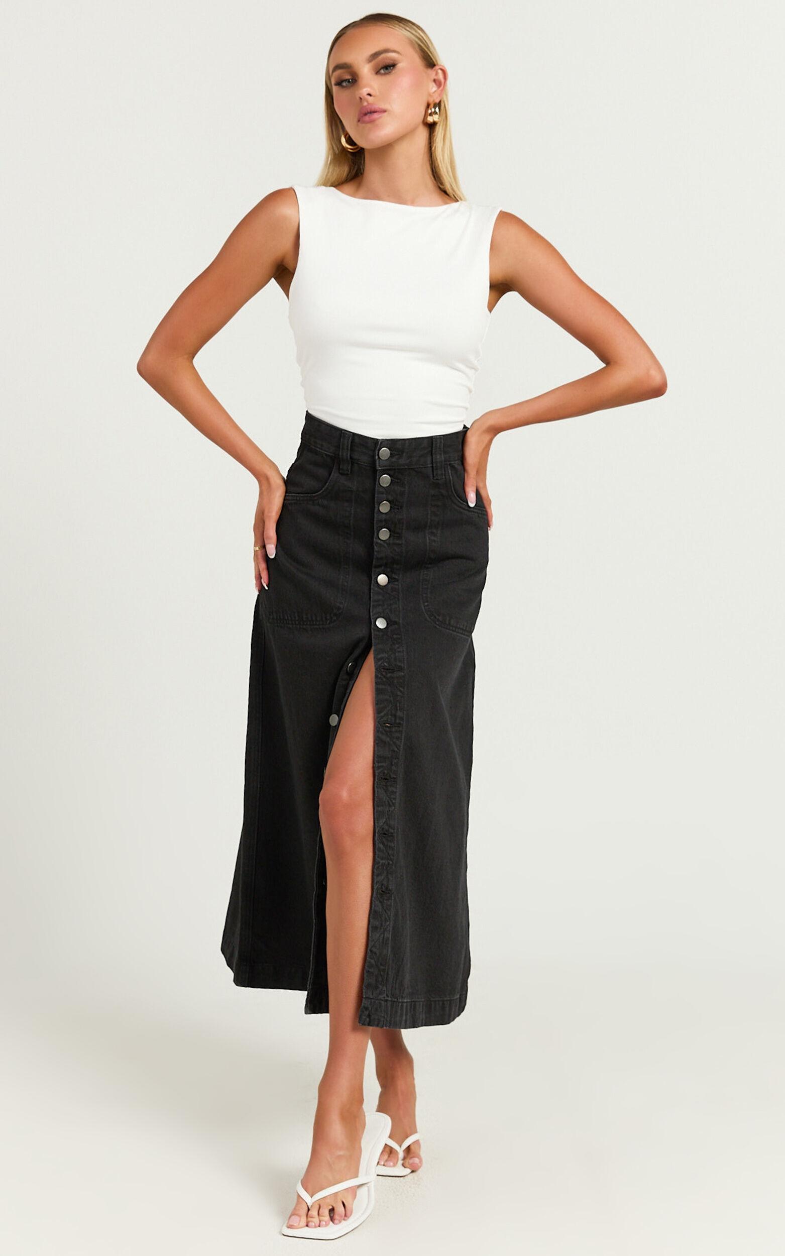 Alisa Midi Skirt - Button Through A Line Denim in Black Wash Product Image