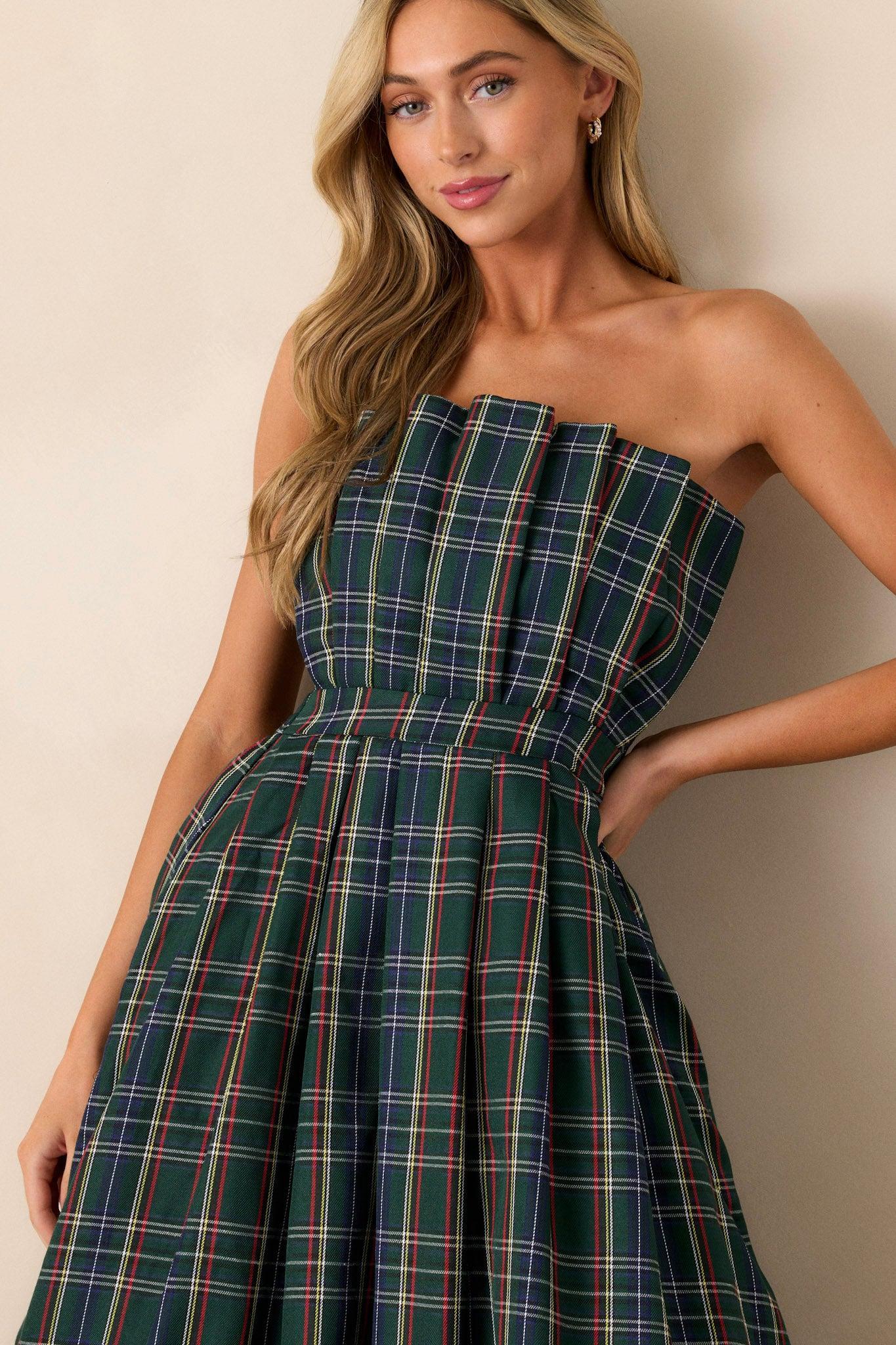 Crystal Dreams Green Plaid Strapless Midi Dress Product Image