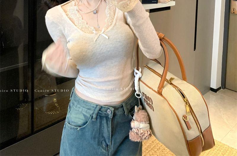 Long-Sleeve V-Neck Bow Lace Trim Ribbed Knit Top Product Image