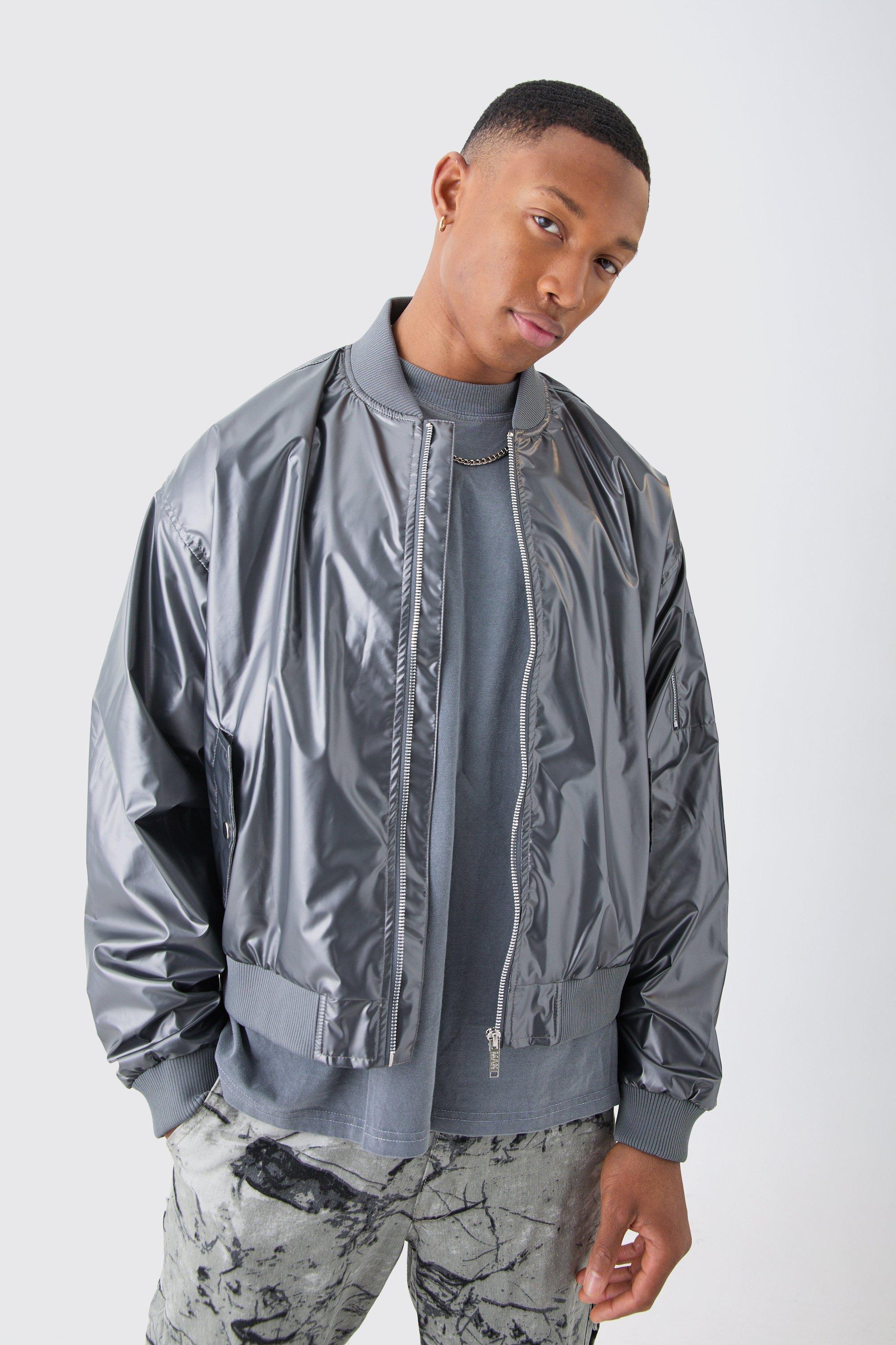 Mens Grey Boxy Fit Metallic Ma1 Bomber Jacket, Grey Product Image