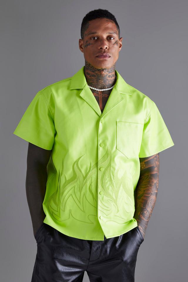 PU Short Sleeve Revere Boxy Applique Flame Shirt | boohooMAN USA Product Image