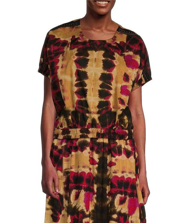 DKNY Printed Cotton Voile Studded Mesh Crew Neckline Coordinating Short Sleeve Top Product Image