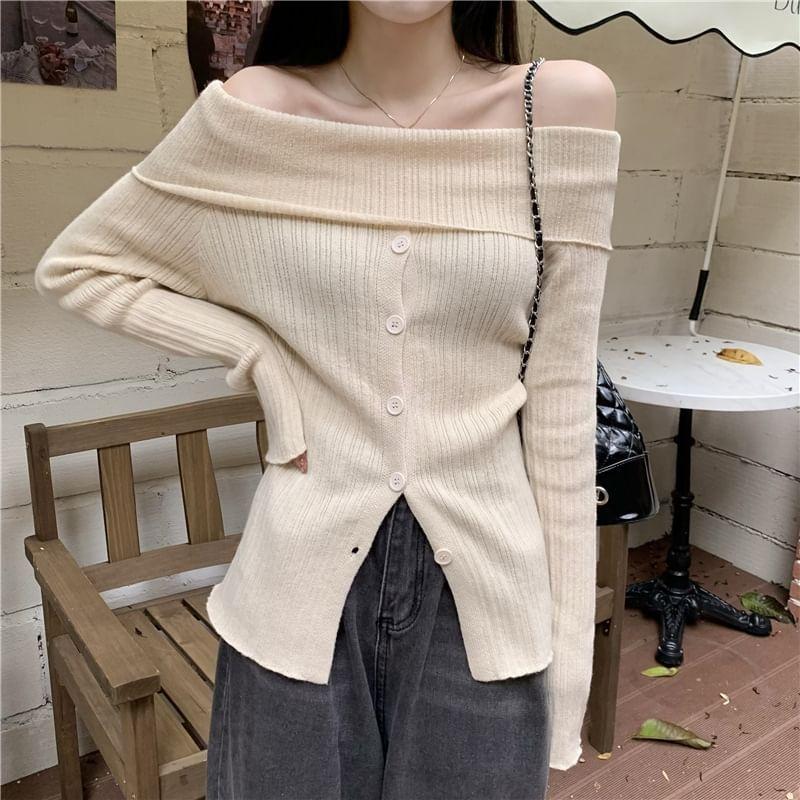 Off-Shoulder Plain Ribbed Sweater Product Image