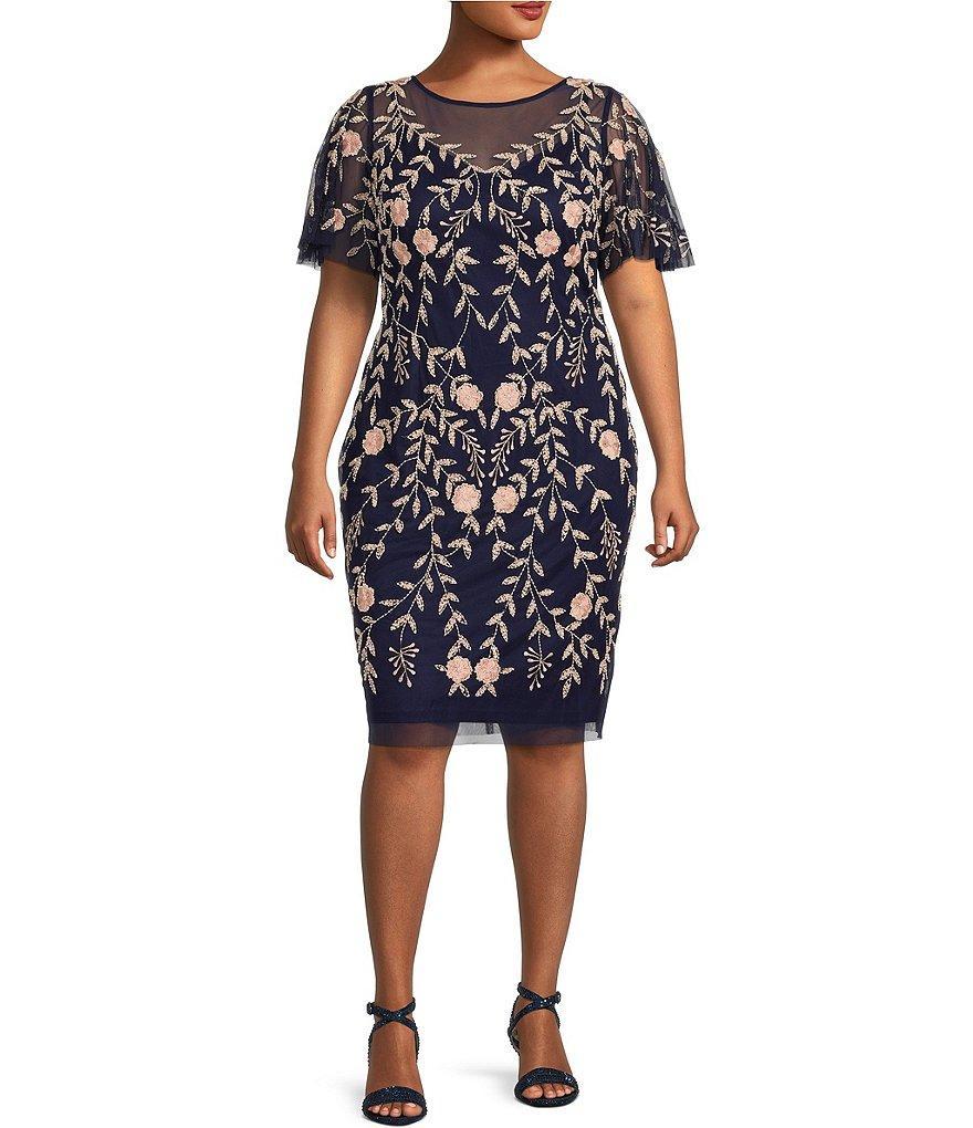 Adrianna Papell Plus Size Short Illusion Sleeve Beaded Dress Product Image