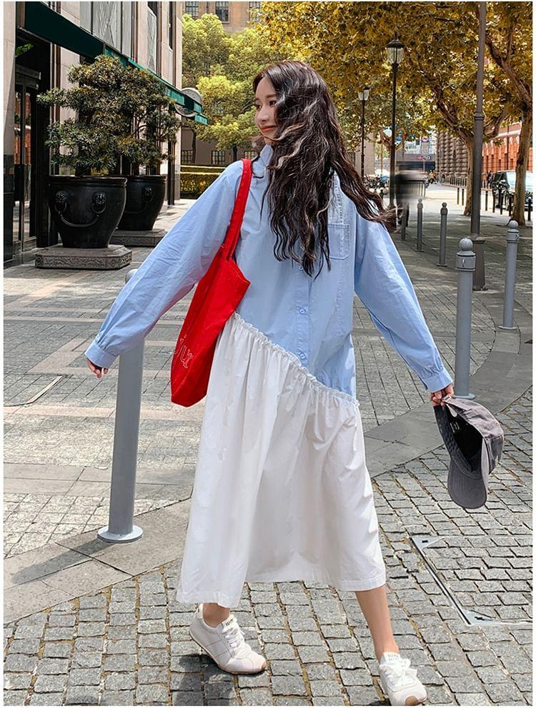 Long-Sleeve Two Tone Asymmetrical Frill Trim Half-Buttoned Midi Tunic Shirt Dress Product Image