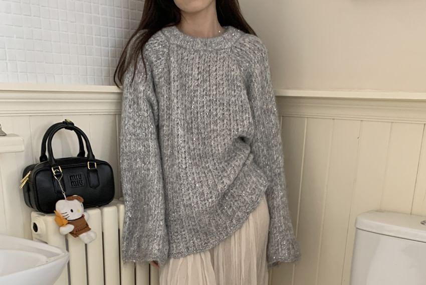 Round Neck Plain Sequin Bow Back Sweater Product Image