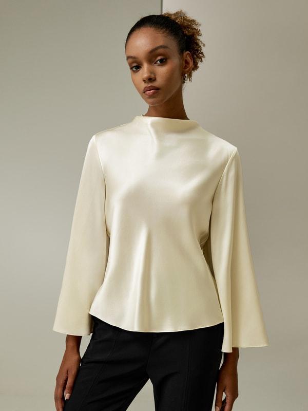 Bell sleeves minimalist silk top Product Image