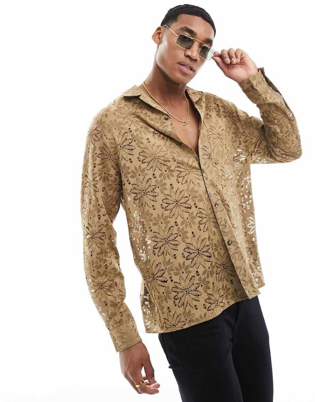 ASOS DESIGN relaxed revere lace shirt in brown  Product Image