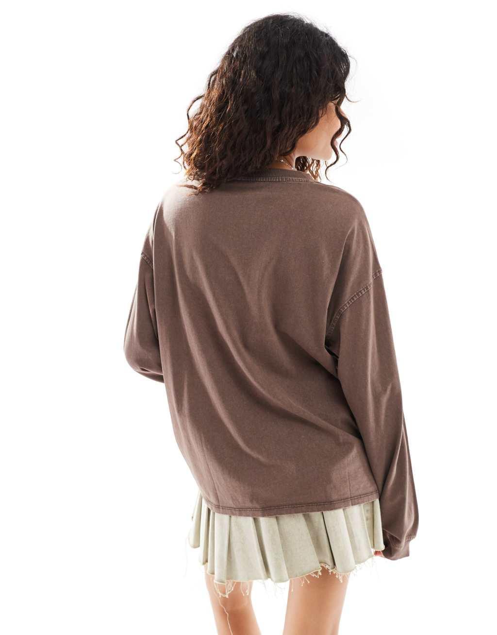 Monki long sleeve heavyweight oversized top in washed brown Product Image