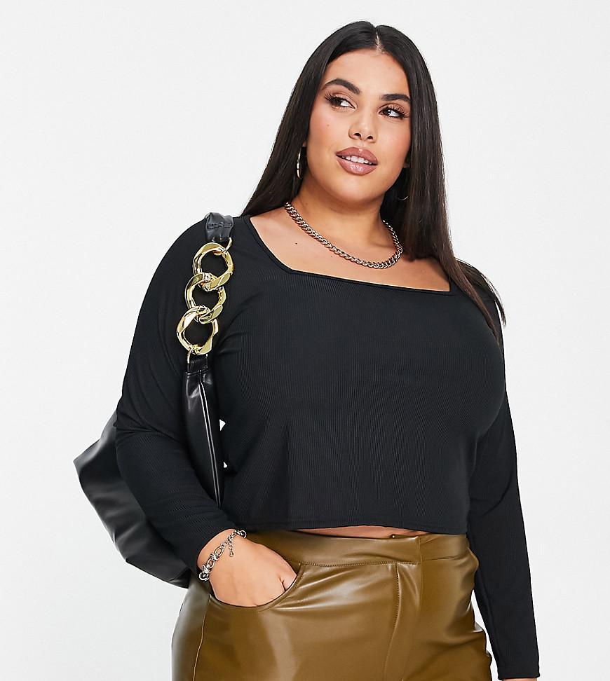 Yours ribbed square neck crop top in black Product Image