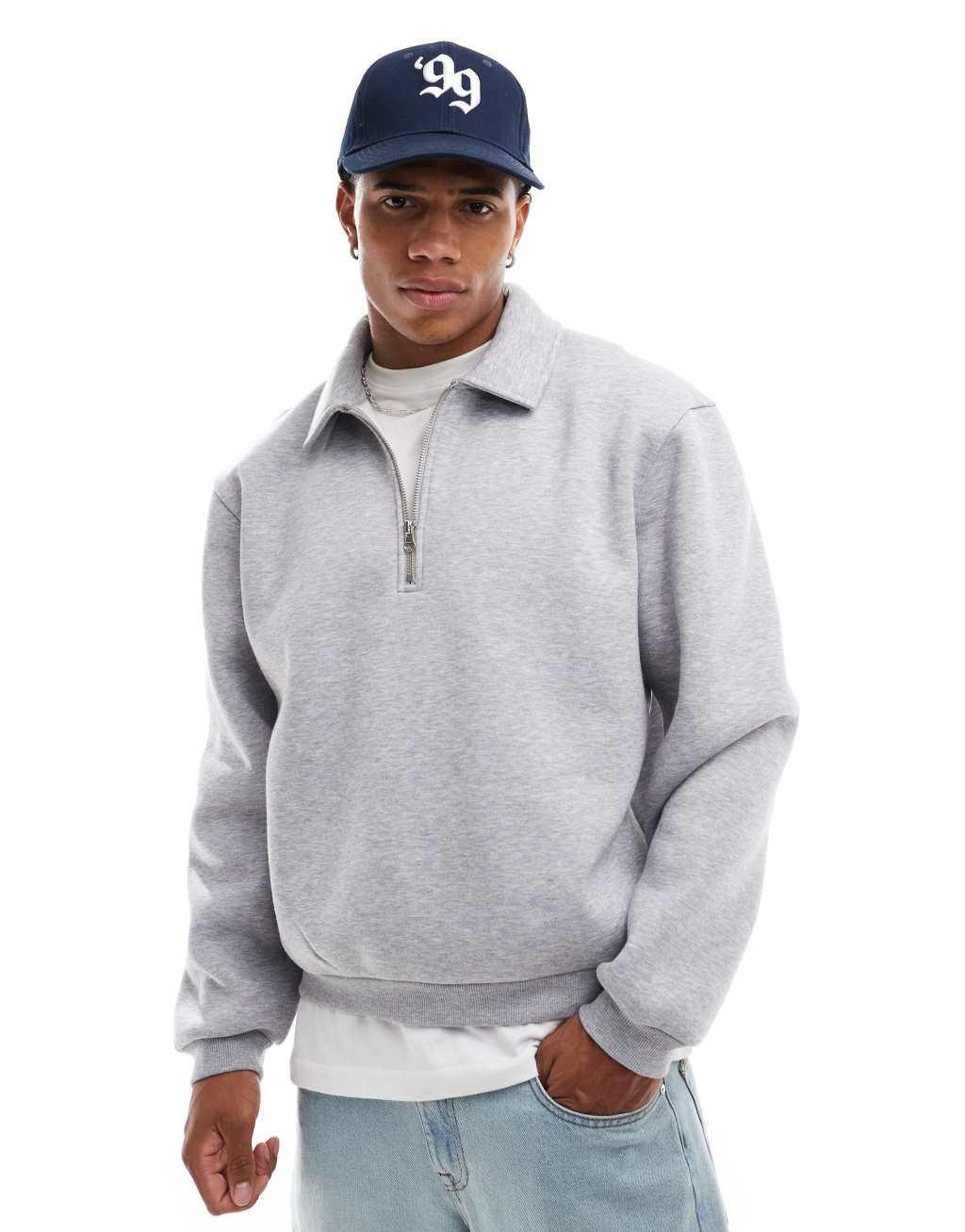 ASOS DESIGN boxy 1/2 zip rugby sweatshirt in gray Product Image