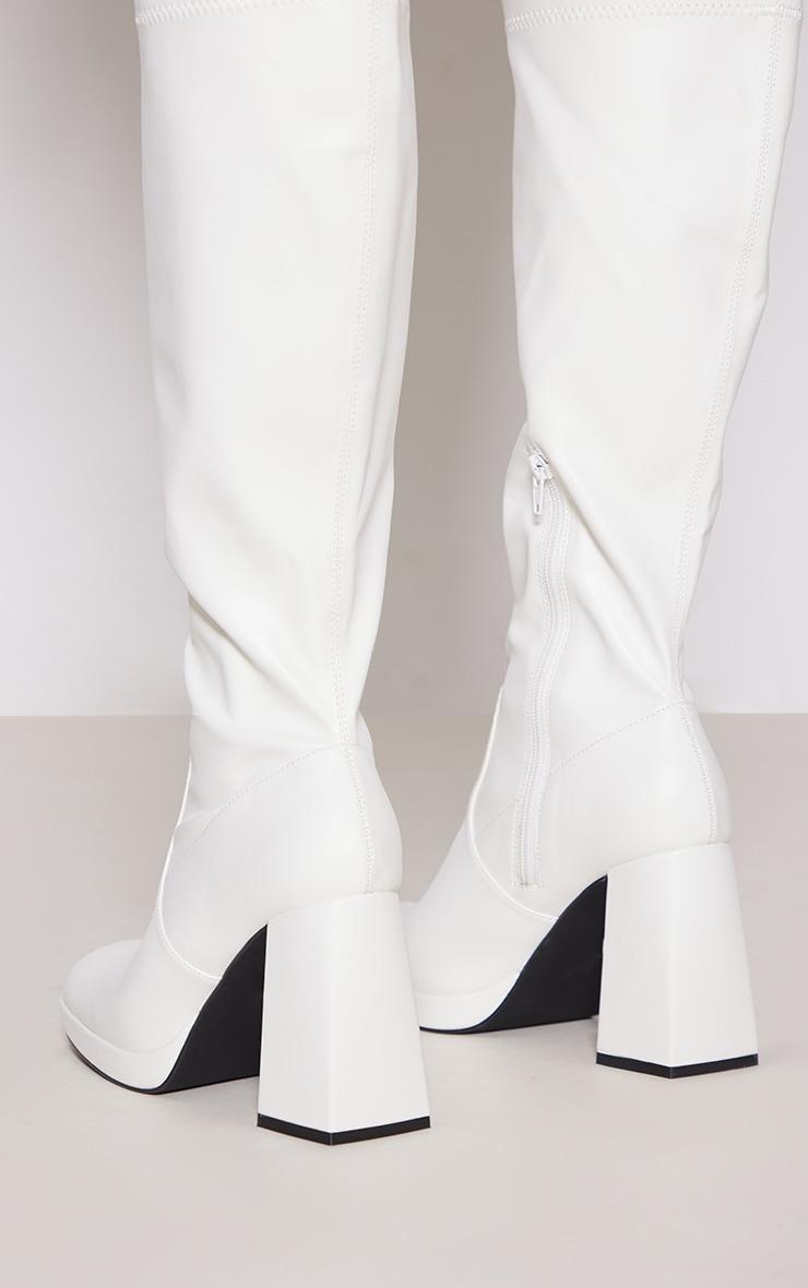 White Wide Fit Pu Slight Platform High Block Heeled Knee Boots Product Image