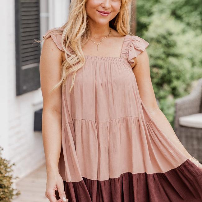 Breezy Walks Brown Colorblock Babydoll Mini Dress FINAL SALE Product Image