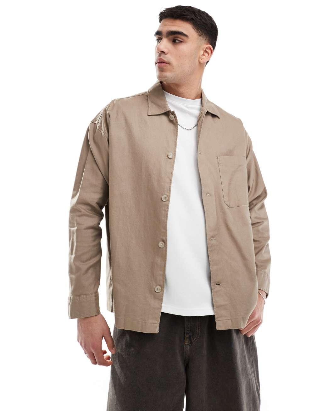 Jack & Jones premium boxy overshirt in beige Product Image