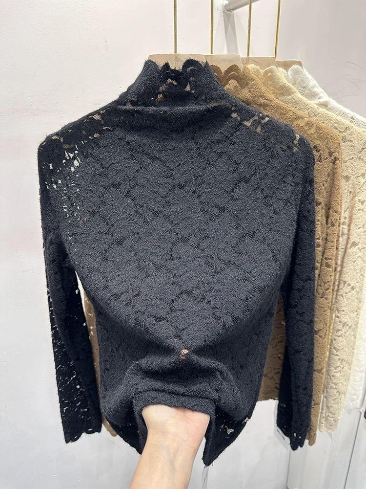 Long-Sleeve Turtleneck Plain Floral Lace Slim Fit Top Product Image